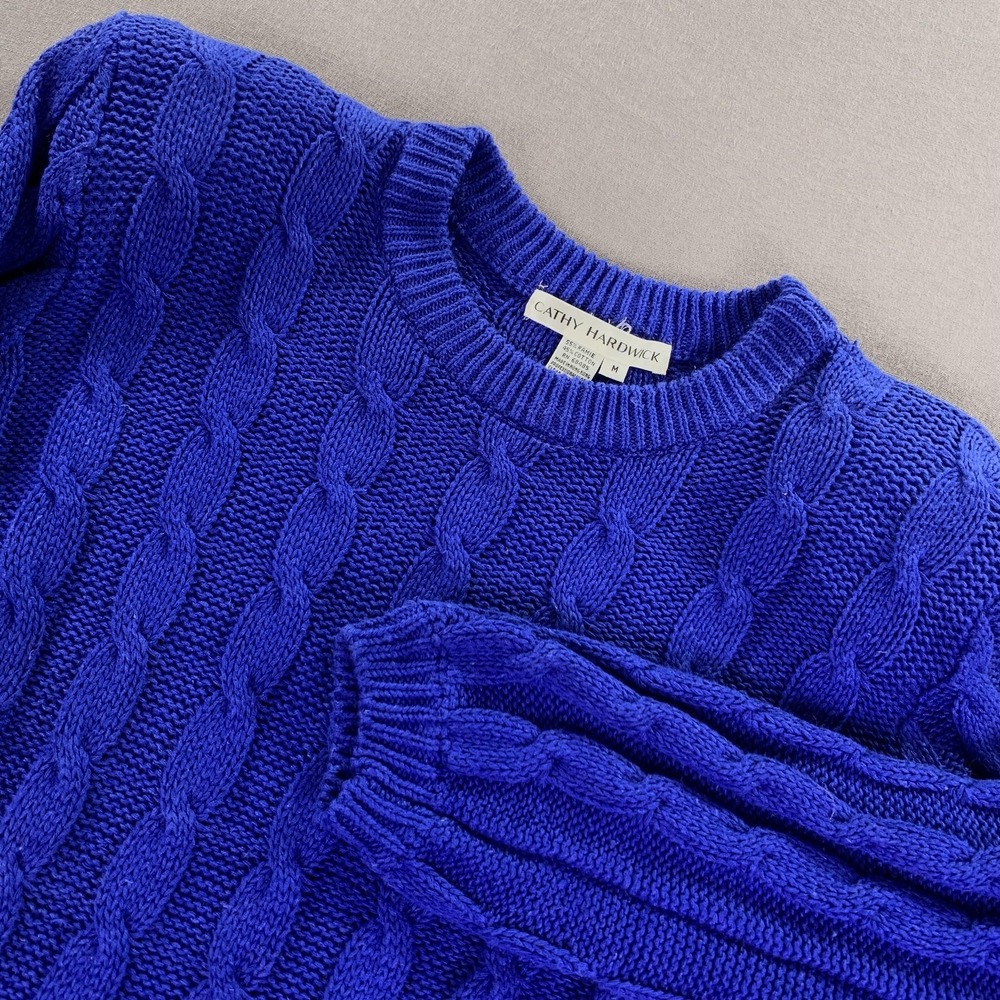 VTG Cathy Hardwick Sweater Womens MD Blue Cable Knit Tunic Pockets 80s‎ Padded